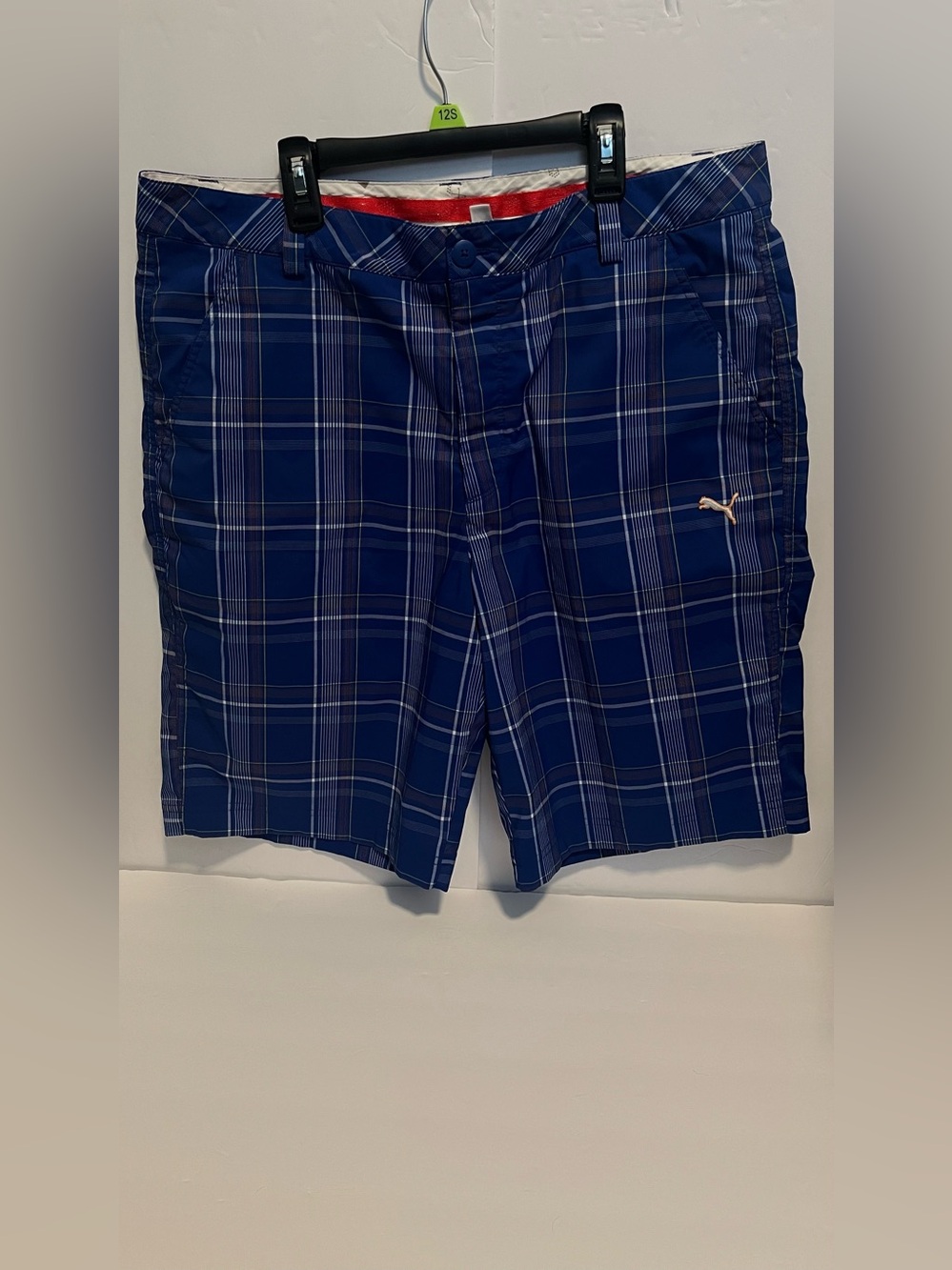 Puma Men”s  10” USP DRY Flat Front Royal Blue & White Plaid Golf Shorts Size 38